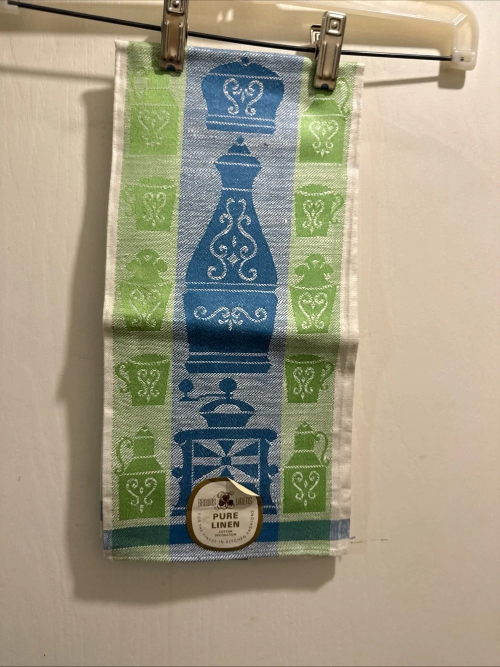 NOS Linen Tea towel MCM RetroPure Linen Blue & Green Decorative Tea Towel by